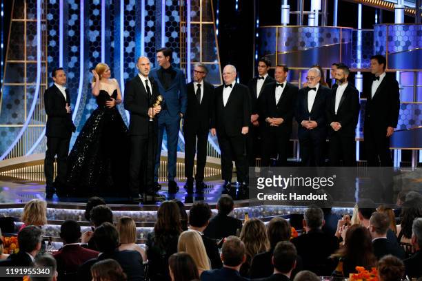 In this handout photo provided by NBCUniversal Media, LLC, Jesse Armstrong and the cast of "Succession", Kieran Culkin, Sarah Snook, Nicholas Braun,...