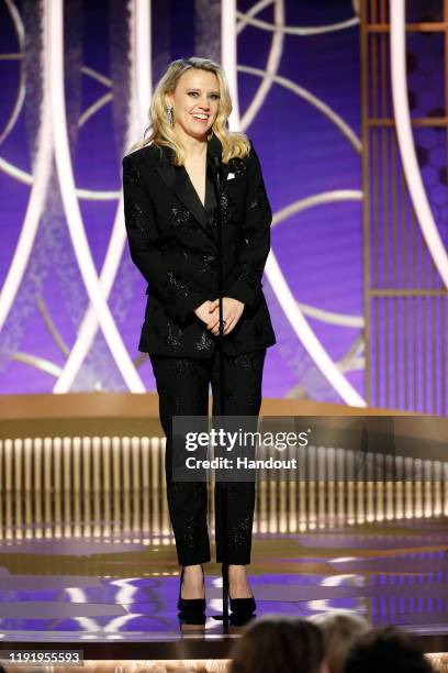 In this handout photo provided by NBCUniversal Media, LLC, Kate McKinnon speaks onstage during the 77th Annual Golden Globe Awards at The Beverly...