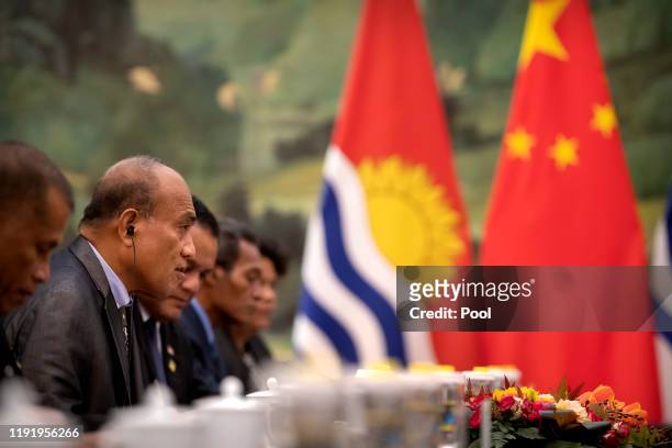 President Taneti Maamau of Kiribati speaks during a meeting with Premier Li Keqiang of China at the Great Hall of the People on January. 6, 2020 in...