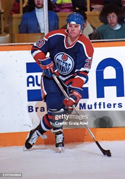 Martin Gelinas of the Edmonton Oilers skates against the Toronto Maple Leafs during NHL game action on November 24, 1990 at Maple Leaf Gardens in...
