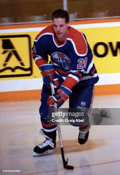 Martin Gelinas of the Edmonton Oilers skates against the Toronto Maple Leafs during NHL game action on February 16, 1991 at Maple Leaf Gardens in...