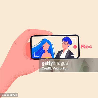 Man Hold Phone Horizontally And Record Video Make Video By Pressing Red  Record Button Young Couple On Smartphone Screen Vector Illustration Flat  Design Drawing About Phone Addiction High-Res Vector Graphic - Getty