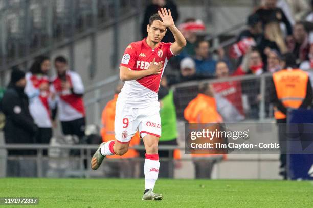 December 04: Wissam Ben Yedder of Monaco reacts to the home fans after scoring an early penalty for his side during the Toulouse FC V AS Monaco,...