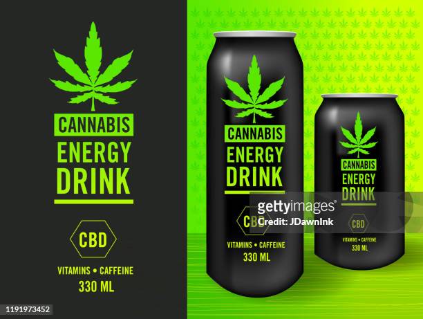ilustraciones, imágenes clip art, dibujos animados e iconos de stock de conjunto de diseño de la etiqueta de bebida energética infundida de cannabis con plantilla de muestra de maqueta de embalaje - planta de cannabis