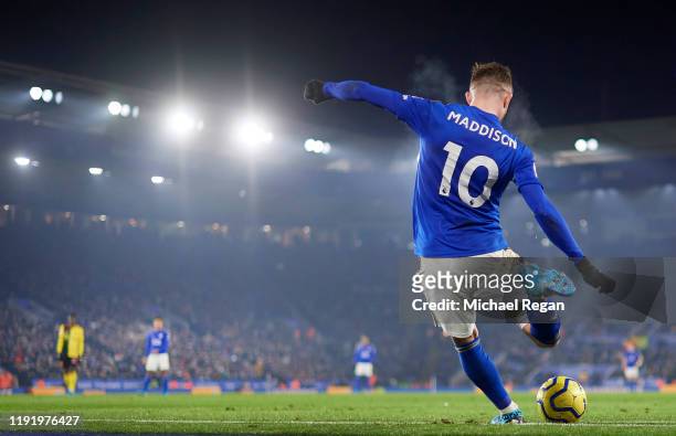 James Maddison of Leicester takes a corner during the Premier League match between Leicester City and Watford FC at The King Power Stadium on...