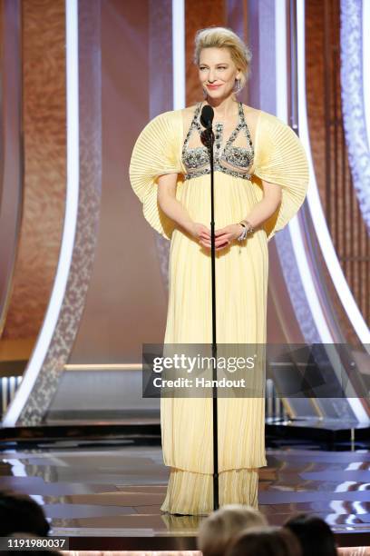 In this handout photo provided by NBCUniversal Media, LLC, Cate Blanchett speaks onstage during the 77th Annual Golden Globe Awards at The Beverly...