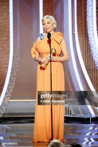 In this handout photo provided by NBCUniversal Media, LLC, Michelle Williams accepts the award for BEST PERFORMANCE BY AN ACTRESS IN A LIMITED SERIES...