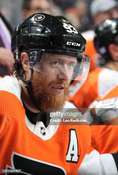 Jakub Voracek of the Philadelphia Flyers looks on from the bench against the Vancouver Canucks on November 25, 2019 at the Wells Fargo Center in...