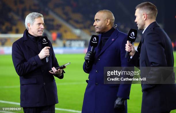 Matt Smith, Clinton Morrison and Matthew Upson report pitchside for Amazon Prime television ahead of the Premier League match between Wolverhampton...