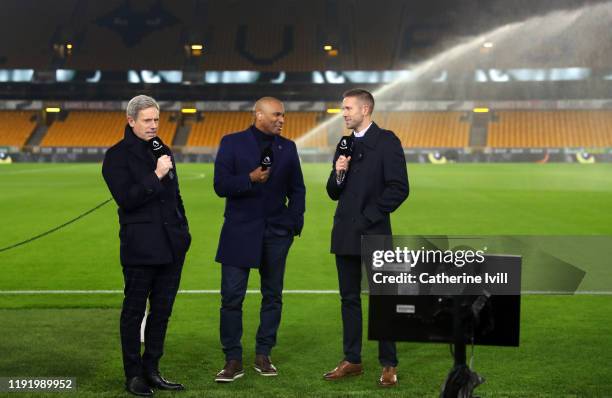 Matt Smith, Clinton Morrison and Matthew Upson report pitchside for Amazon Prime television ahead of the Premier League match between Wolverhampton...