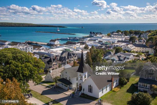 mackinaw island town view - michigan stock pictures, royalty-free photos & images