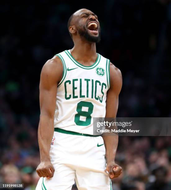 Kemba Walker of the Boston Celtics reacts after missing a shot during the second half of the game between the Boston Celtics and the Miami Heat at TD...