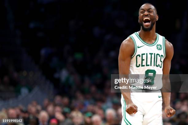 Kemba Walker of the Boston Celtics reacts after missing a shot during the second half of the game between the Boston Celtics and the Miami Heat at TD...