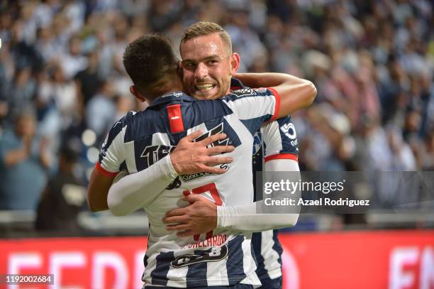 Jesús Gallardo of Monterrey celebrates with teammate Vincent Janssen after scoring his team’s first goal during the Semifinals first leg match...