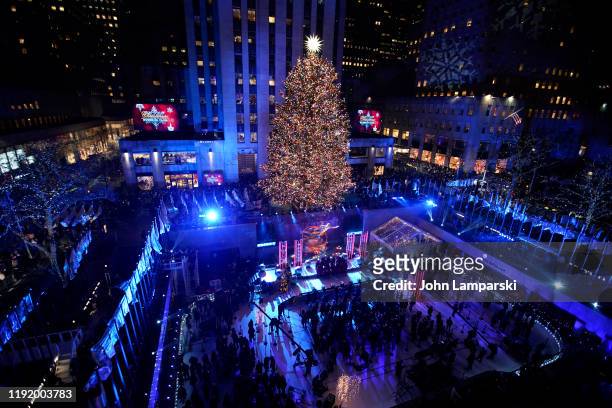 View from above of the Rockefeller Center Christmas Tree, with Swarovski Star atop, during the 87th Annual Rockefeller Center Christmas Tree Lighting...
