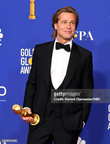 77th ANNUAL GOLDEN GLOBE AWARDS -- Pictured: Brad Pitt poses in the press room after winning the award for Best Performance by an Actor in a...