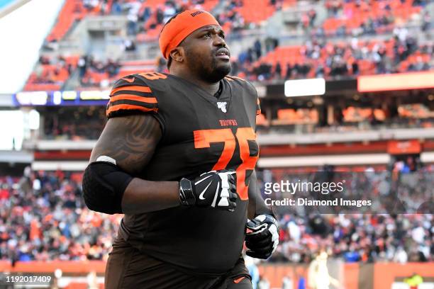 Offensive tackle Greg Robinson of the Cleveland Browns runs off the field at halftime of a game against the Baltimore Ravens on December 22, 2019 at...