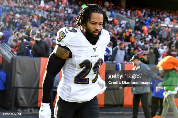 Free safety Earl Thomas of the Baltimore Ravens runs onto the field at halftime of a game against the Cleveland Browns on December 22, 2019 at...