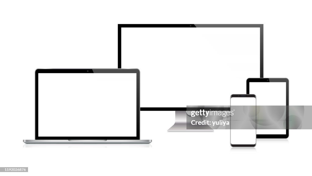 PC-Monitor, TV, Laptop, Tablet, Smartphone, Handy in schwarz und Silber Farbe mit Reflexion, realistische Vektor-Illustration