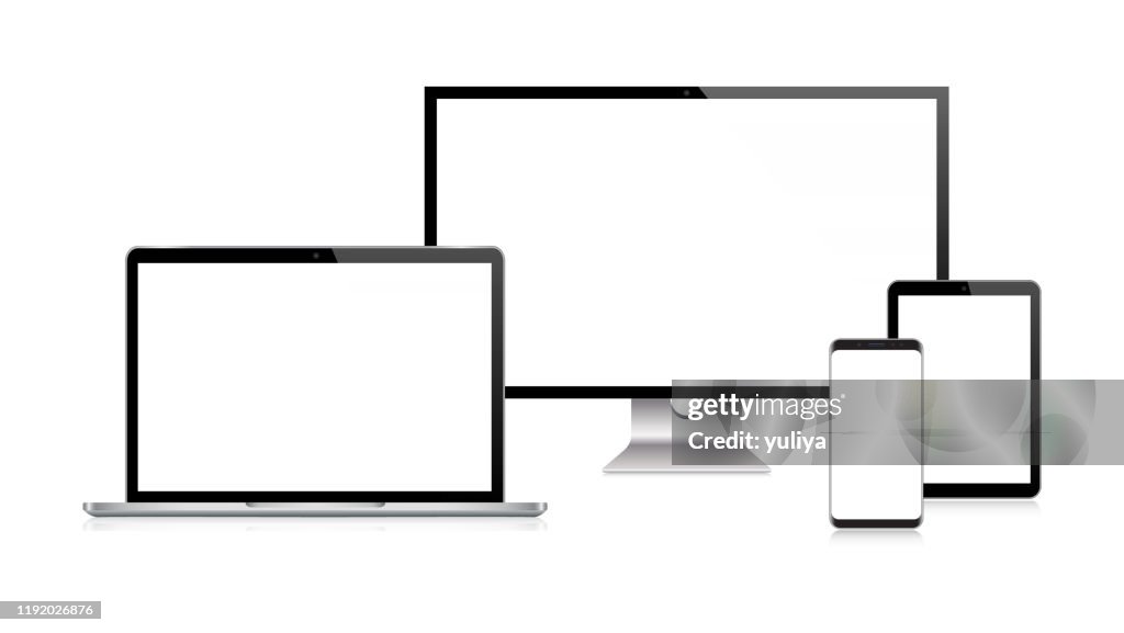 PC Monitor, TV, Laptop, Tablet, Smartphone, Mobile Phone In Black And Silver Color With Reflection, Realistic Vector Illustration