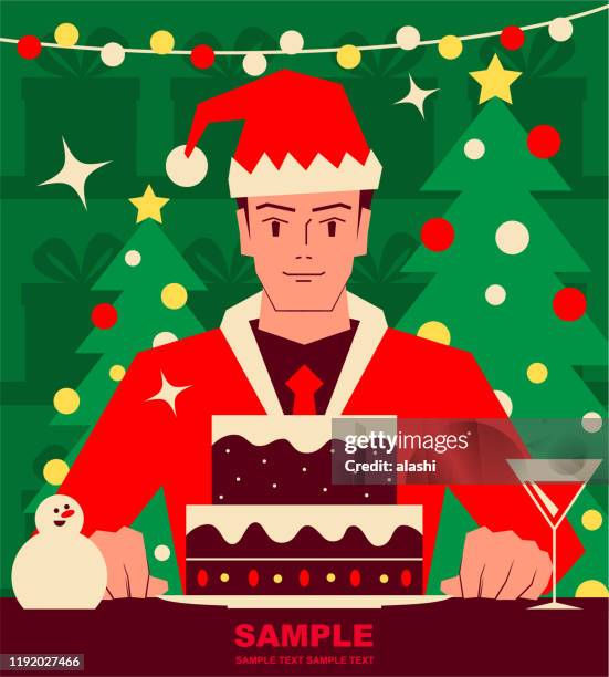 smiling handsome man dressed in a santa claus suit enjoying christmas cake - cosplay stock illustrations