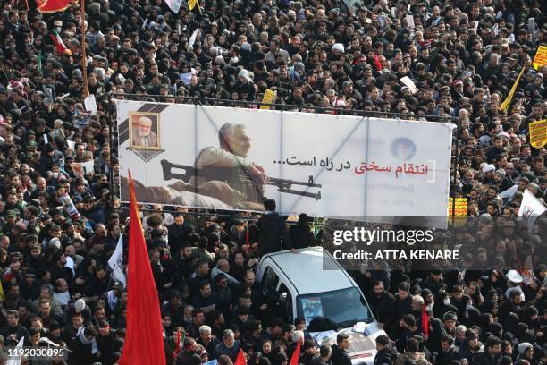 Mourners gather to pay homage to slain Iranian military commander Qasem Soleimani , Iraqi paramilitary chief Abu Mahdi al-Muhandis and other victims...