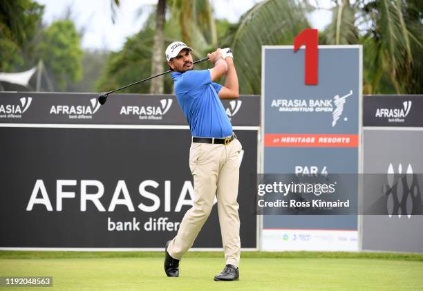 Gaganjeet Bhullar of India tees off from the 1st during Day One of the Afrasia Bank Mauritius Open at Heritage Golf Club on December 05, 2019 in Bel...