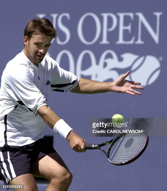Nicolas Kiefer of Germany returns a shot in his fourth round match against Magnus Normas of Sweden 05 September 2000 at the US Open Tennis Tournament...