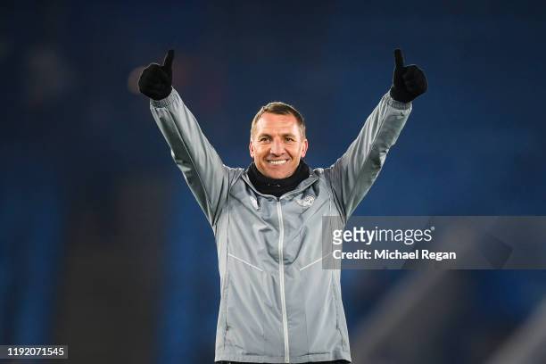 Leicester manager Brendan Rodgers celebrates after the Premier League match between Leicester City and Watford FC at The King Power Stadium on...