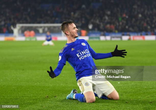 James Maddison of Leicester celebrates his goal to make it 2-0 during the Premier League match between Leicester City and Watford FC at The King...