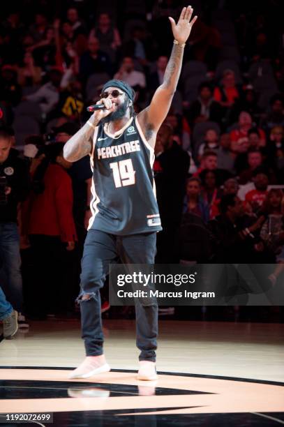 Rapper Big K.R.I.T. Performs during the New Jersey Nets vs Atlanta Hawks halftime show at State Farm Arena on December 04, 2019 in Atlanta, Georgia.