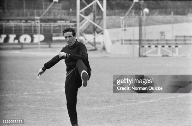 Argentine born French former footballer Helenio Herrera, manager of Inter Milan football club, takes part in a coaching session at Crystal Palace...