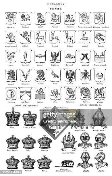 heraldry. antique illustration, popular encyclopedia published 1894 - vintage logo stock-fotos und bilder