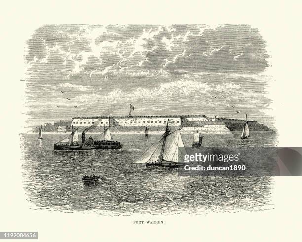 ilustrações, clipart, desenhos animados e ícones de fort warren, massachusetts, uma entrada histórica do forte ao porto de boston - boston harbor