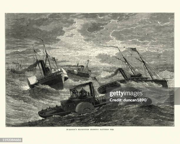 general burnside's expedition crossing hatteras bar - outer banks north carolina stock illustrations