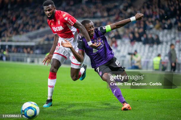 December 04: Max Gradel of Toulouse defended by Tiemoue Bakayoko of Monaco during the Toulouse FC V AS Monaco, French Ligue 1 regular season match at...