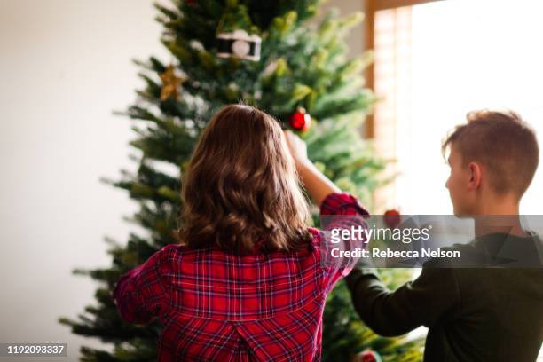 brother and sister decorating the christmas tree - kerstboom versieren stockfoto's en -beelden