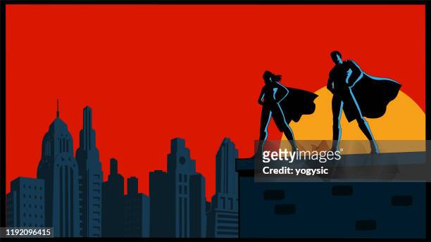 illustrazioni stock, clip art, cartoni animati e icone di tendenza di vector retro superhero coppia silhouette con skyline della città - heroic style