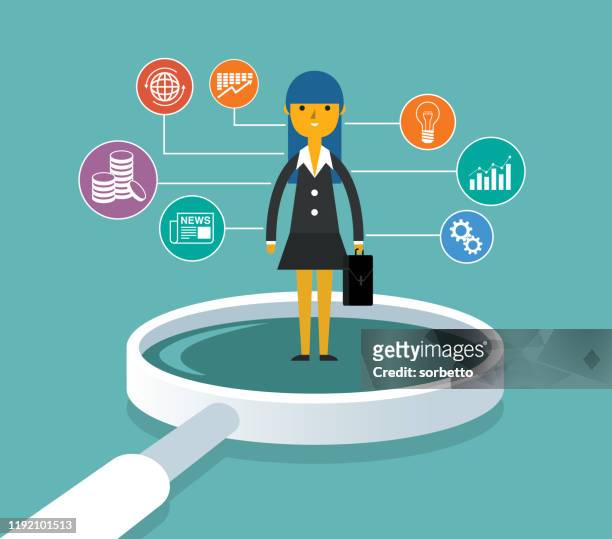 magnifying glass - businesswoman - creative crowd stock illustrations