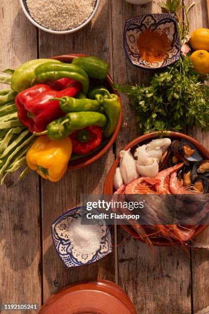 fresh produce (top down view) - paella stock pictures, royalty-free photos & images