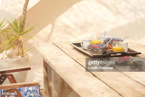 a tray of breakfast foods - dappled sunlight stock pictures, royalty-free photos & images