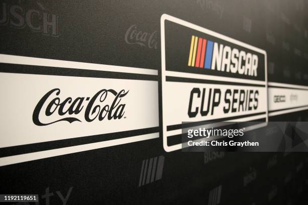 View of the new NASCAR Cup Series logo with Premier Partners Busch Beer, Coca-Cola, GEICO and Xfinity on December 05, 2019 in Nashville, Tennessee.
