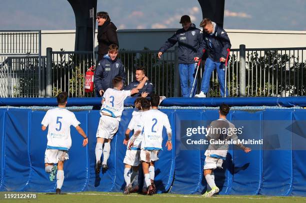 Jacopo Fazzini of Empoli FC U17 celebrates after scoring a goal during the match between Empoli U17 and Genoa CFC U17 on January 6, 2020 in Empoli,...