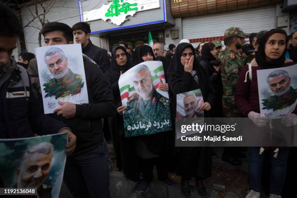 Mourners attend a funeral ceremony of Iranian Major General Qassem Soleimani and others who were killed in Iraq by a U.S. Drone strike on January 6,...