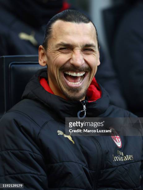 Zlatan Ibrahimovic of AC Milan looks on before the Serie A match between AC Milan and UC Sampdoria at Stadio Giuseppe Meazza on January 6, 2020 in...