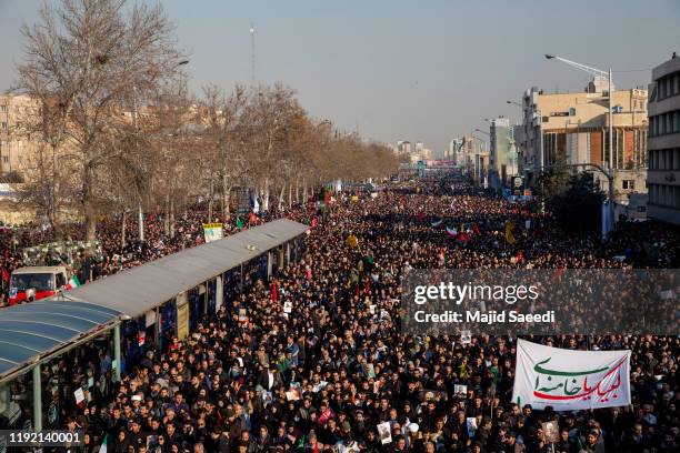 Mourners attend a funeral ceremony of Iranian Major General Qassem Soleimani and others who were killed in Iraq by a U.S. Drone strike on January 6,...