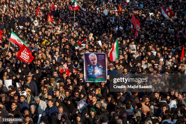 Mourners attend a funeral ceremony of Iranian Major General Qassem Soleimani and others who were killed in Iraq by a U.S. Drone strike on January 6,...