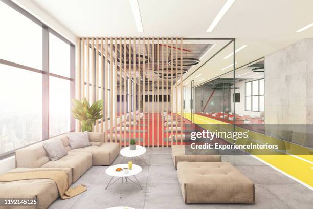 yoga studio lobby interior - lounge pillow imagens e fotografias de stock