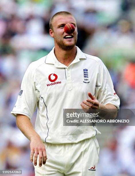 England's Andrew Flintoff prepares to bowl against Australia on the second day of the fifth and final NPower Ashes Test match at the Oval cricket...