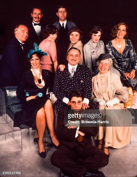 Portrait of American actor and director George C Scott and the cast of 'Present Laughter' at the Circle in the Square Theatre, New York, New York,...